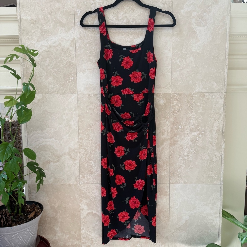 Black Red Rose Floral Wrap Midi Dress Sleeveless